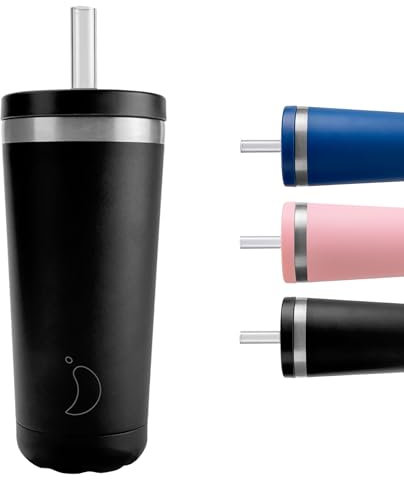 Chilly's Original Coffee Cup with Straw Lid - Thermal Travel Mug - Reusable Closed Cups with Drinking Straw - Double Walled Vacuum Insulated Mug - Monochrome Black, 500ml