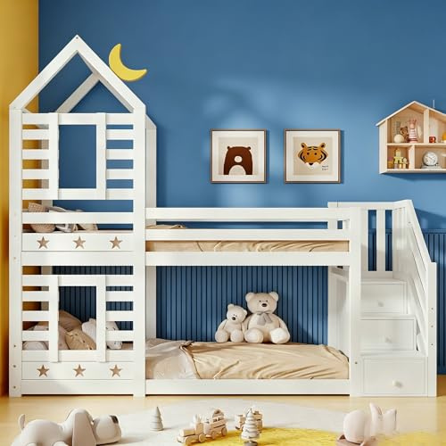 Bunk Bed for Kids and Teenagers, 3ft Twin Sleeper Loft Bed with Stairs and Storage Space, Children Cabin Bed Double Bed Frame with Window and Roof, Solid Pine Wood House Loft Bed, White, 190x90 cm