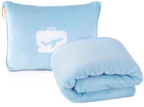 EverSnug Coperta da viaggio e cuscino, coperta 2 in 1, morbida e di alta qualità, con federa morbida, custodia per bagaglio a mano e clip per zaino (blu ghiaccio)