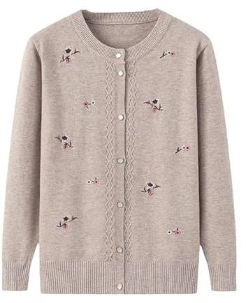 LIUYUYOUGO Middle-Aged and Elderly Knitted Cardigan Sweaters Floral Embroidery Cable Knit Cardigan Open Front Sweater Coat Long Sleeve Old Lady Knitwear Autumn Knit Jacket