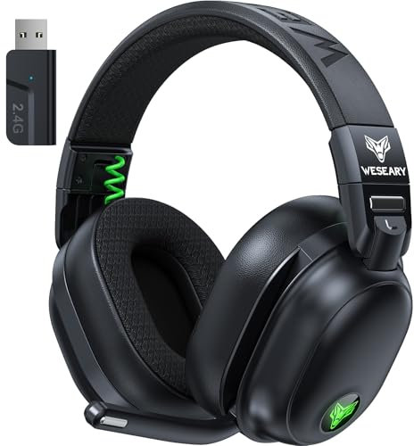 WESEARY WG3 Cascos Gaming Inalambricos, Auriculares Gaming Inalambricos para PS5, PS4, PC, Switch, Sonido Estéreo Auriculares con Microfono, Cascos con Luz LED, Duración 50Hr+
