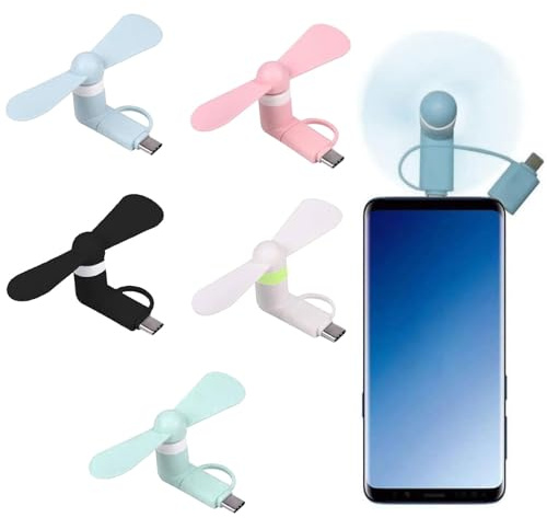 KARELLS 5 st bärbar USB-fläkt, fläkt, bärbar kylare, roterande fläkt, USB-fläkt, liten tyst, 2-i-1-fläkt för Android-telefoner/typ C-telefoner