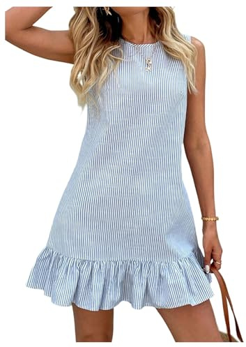SOLY HUX Women's Striped Print Sleeveless Ruffle Tunic Dress Summer Swing Flowy Mini Dresses Blue and White Large