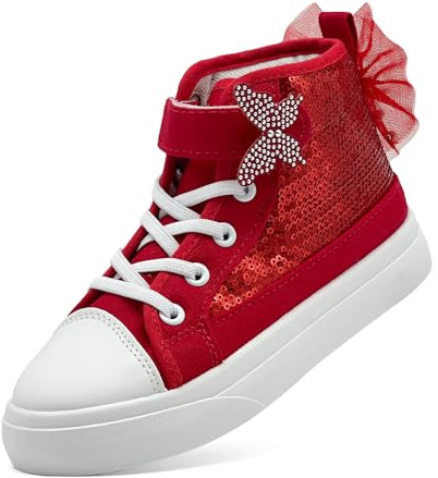 sharllen Girls Trainers Kids High Top Canvas Shoes Glitter Sequins Bowknot Pumps Easy Fasten Lightweight Casual Sneakers(Red 200)