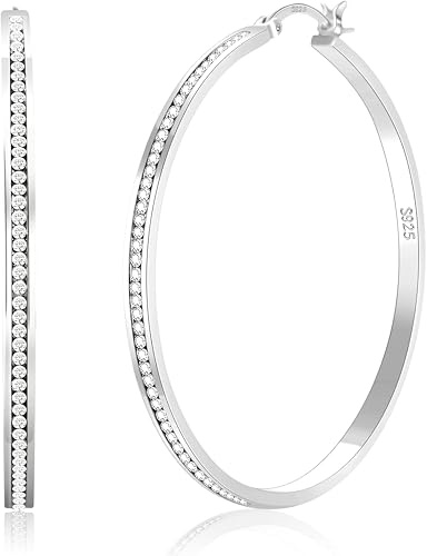 PABBEU Sterling Silver Hoop Earrings for Women Sparkly Large Rhinestone Hoop Earrings Big 925 Sterling Silver Rhinestone Hoops Earring Hypoallergenic Cubic Zirconia Earring for Women 30/40/50/60mm