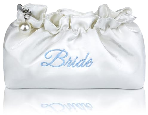 Lauusiusi Embroidered Bride Cosmetic Bag| Creamy White Satin Something Blue Silk Makeup Bag Bling Pearl Bride To Be Purse for Bridal Shower Bachelorette Party Women Wedding Engagement Gift