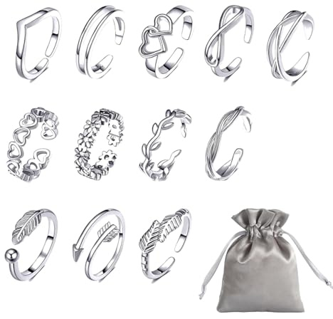 GWAWG 12PCS Bagues à Orteil Réglables Pour Les Dames, Bague à Orteil Simple Ouverte Pour Les Femmes Pour La Plage, Ensemble de Bague Pour l'anniversaire, la Saint-Valentin.