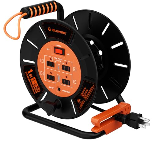 Extension Cord Storage Reel with 4-Grounded Outlets & 2 USB Ports, Heavy Duty Open Cord Reel for 12/3,14/3,16/3 Gauge Power Cord, Hand Wind Retractable, 15A Circuit Breaker, ETL Listed, Orange
