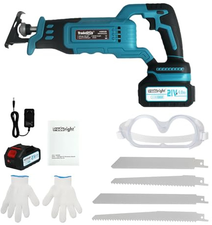 Traderight 21V Cordrocating Saw with 2×4.0Ah Batteries, Quick-Chuck & Adjustable Shoe, 0-2860SPM Variable Speed Electric Saw for Cutting Wood, Metal, PVC - Ideal for DIY & Professional Use