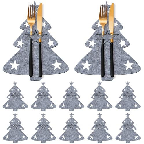 Portaposate Natalizie, 12 Pezzi Portaposate in Feltro di Natale, Tasca per le Posate Albero di Natale, Porta Posate da Tavola per Natale, Coltelli Forchetta Cucchiaio Porta Posate Natalizio