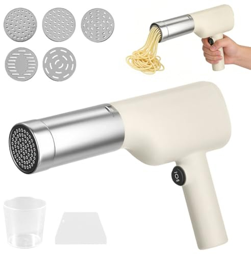 CEWROM Bärbar pastamaskin, handhållen, automatisk handhållen, 40 W, multifunktionell pastamaskin med 5 pressformer för familj, resor, picknick