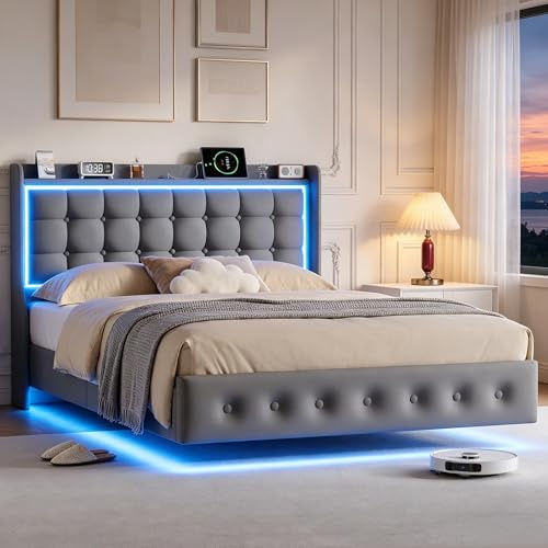 BRILVERDE Svävande säng 160 x 200 med LED och USB, stoppad säng med ribbotten och sänggavel, dubbelsäng, ungdomssäng, sängram för vuxna och tonåringar, sammet (grå, 160 x 200 cm)
