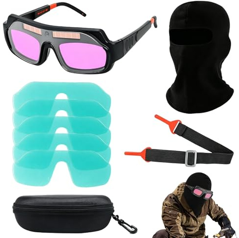 Welding Glasses Kit with Auto Darkening Lens, Solar Powered Welding Goggles Set with 5 Replacement Lenses, Protective Face Shield, Adjustable Elastic Strap and Storage Case for TIG MIG MMA P Black