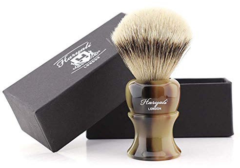 Haryali London Handmade Shaving Brush with Imitation Horn Handle- Shaving Brush for Men’s Shaving - Made with Silver Tip Badger Hairs