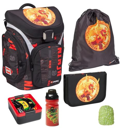 Familando - Schulranzen Set 6-teilig - Lego Ninjago Dragon Energy - Ergonomisch, stabil & mit gepolstertem Rücken - 1.310g leicht mit 16L Volumen - wasserabweisend und mit Reflektoren
