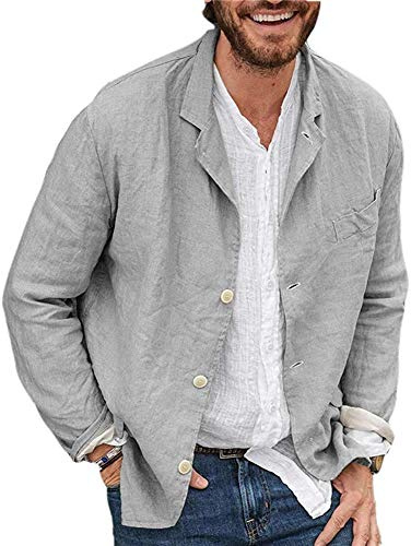 Blazer décontracté à trois boutons en coton et lin pour homme - Couleur unie, gris, XXXL