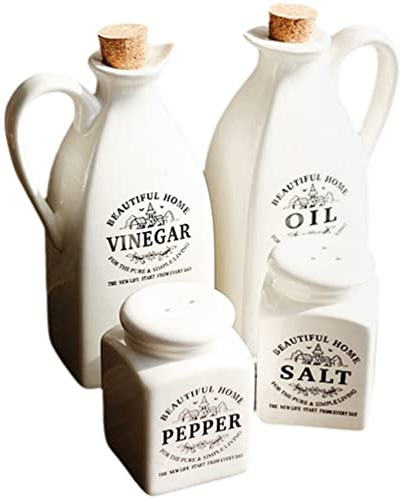 Oil and Vinegar Dispenser Set, Salt and Pepper Shaker Set Pottery Japanese Sauce Jar Shoyu Soy Sauce Bottles Farmhouse Ceramic Condiment Holders with Cork Stopper for Kitchen Cooking Container