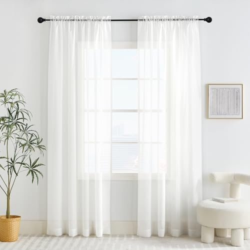 PONY DANCE Light Beige Net Curtains for Windows 60x84 inches - Slot Top Semi Transparent Lightweight Cream Voile Curtains, Sheer Panels for Bedroom/Room Divider/Party Decoration, Set of 2
