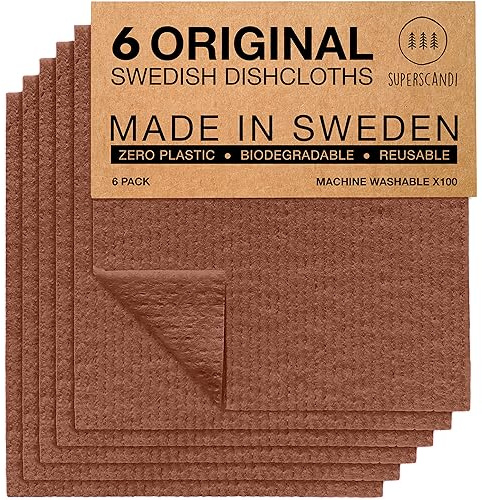 SUPERSCANDI Putzlappen im 6er Pack - 100% Biologisch Abbaubar & Kompostierbar | Wiederverwendbare & Lebensmittelsichere Spültücher Ohne Plastik | Für Jede Oberfläche Geeignete Spüllappen | Braun