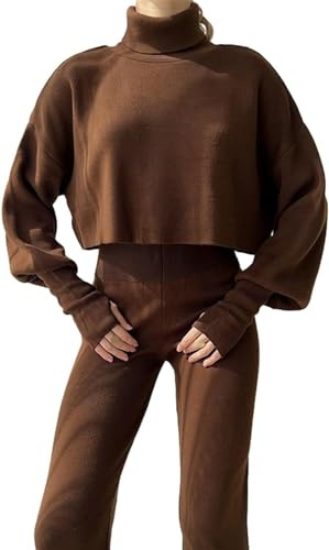 ZeaiNk Abito a Collo Alto con Guanti in Maglia da Donna Completi in 2 Pezzi Autunno Solido a Vita Alta Pantaloni Tuta a Maniche Lunghe Maglione Set da Salotto (Color : Brown, Size : M)