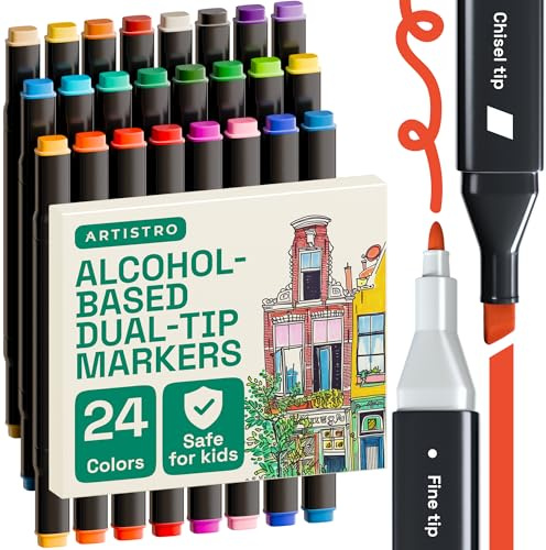 Artistro Lot de 24 Marqueurs à Double Pointe à Base d’Alcool – Pointe Biseautée et Fine, Séchage Rapide, Encre Résistante à la Lumière
