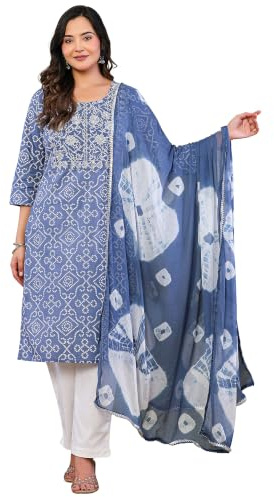 Vrnda Kurta Donna Bandhej Tie Dye Rajasthan con Dupatta Set 2 Pezzi Vestito Etnico Indiano Rayon Manica Lunga Bollywood Boho Chic Matrimonio Festa, Grigio, Taglia XXL