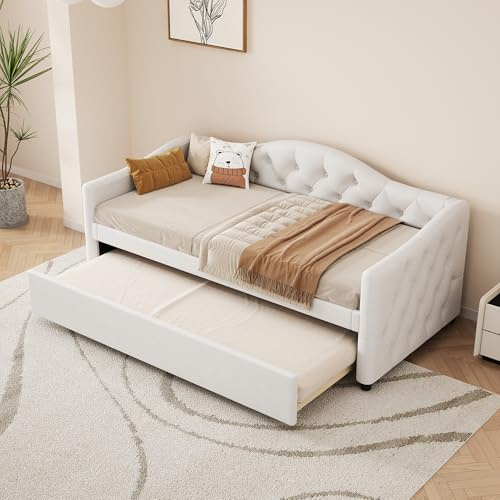REXO Letto giornaliero, 90 x 200 cm, con letto estraibile, divano letto, letto singolo (senza materasso), lino, stile minimalista (beige)