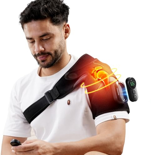 HOMRELEXA Cordless Shoulder Heating Pad with Magnetic Detachable Remote Control - Heated Massager Shoulder Wrap with 5 Vibration Modes & 5 Heating Levels, Gift for Men & Women, Black