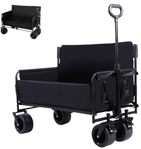 Carro Plegable de Playa y Camping, Carrito Todo Terreno con Ruedas Convertible en Asiento, Carretilla de Transporte con Bolsa y Mango Ajustable para Picnic, Jardín, Compras, Camping (93x45cm, 150L)