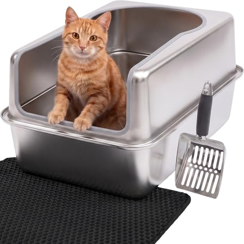 Kattlåda rostfritt stål XXL – lätt att rengöra, luktresistent – kattlåda med hög kant, 38 l – läckagesäker, non-stick-belagd – med skopa och matta