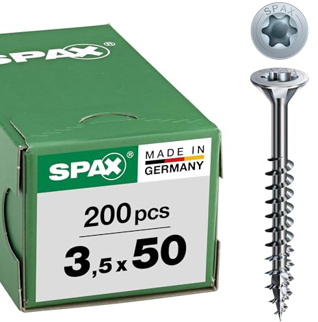 SPAX 191010350503 3,5 x 50 Torx 20 Wirox med betyg/litet paket innehåller skruvar med T-Star Plus försänkt huvud, delgänga, 3,5 x 50, galv, 200 stycken, blank galvaniserad, 3,5 x 50 mm