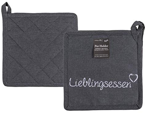 MC-Trend 2er Set Topflappen Lieblingsessen mit Schriftzug 20 cm in grau aus Baumwolle Topfhandschuhe Ofenhandschuhe zum Kochen und Backen Haushalthelfer für optimalem Schutz (2er Set Topflappen)