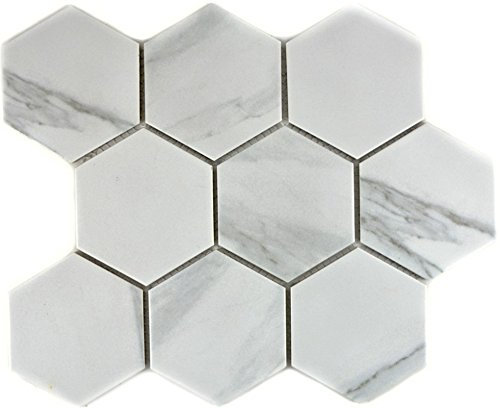 Piastrelle a mosaico, mosaico in ceramica, piastrelle in ceramica bianca esagonale, effetto Carrara