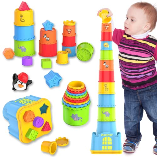 MOONTOY Baby Stapelbecher ab 1 Jahr,Stapelturm,Stapelwürfel ab 12 Monate,Montessori kinderspielzeug ab 1 2 3 Jahr, Badewannen und Sandspielzeug für drinnen, draußen, Lernspielzeug Geschenk
