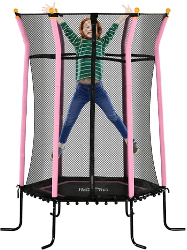 HOMCOM 5.2FT / 63 Inch Kids Trampoline With Enclosure Net Mini Indoor Outdoor Trampolines for Child Toddler Age 3-10 Years Pink