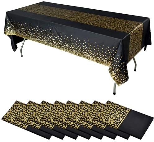 DAWRIS 8 Stück Schwarz Gold Party Tischdecke Bierbank Tischdecke Einweg Rechteck Gold Dot Wasserdicht Confetti Tischdecke für Geburtstag Hochzeit Jahrestag Weihnachten Abschlussfeier Cocktail Party