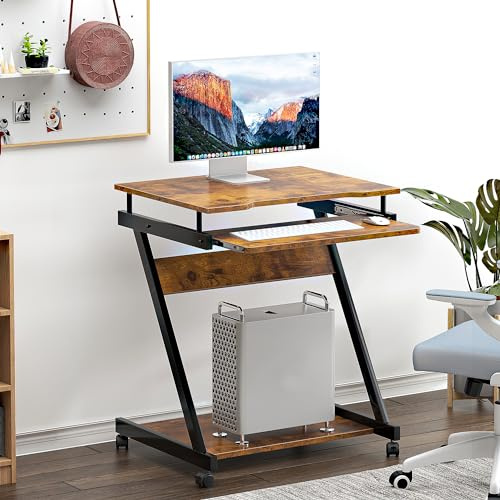 soges Bureau Informatique avec roulettes Bureau Mobile Table Roulante Table d’Ordinateur avec Plateau Clavier Coulissant pour Maison et Bureau Rétro