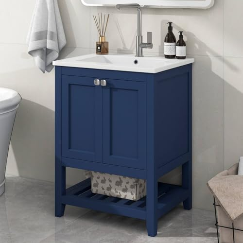 Sweiko Meuble de salle de bain à poser au sol, petit meuble bas avec lavabo en céramique de 60 cm, lavabo WC invités avec sols métalliques découpés (bleu foncé)