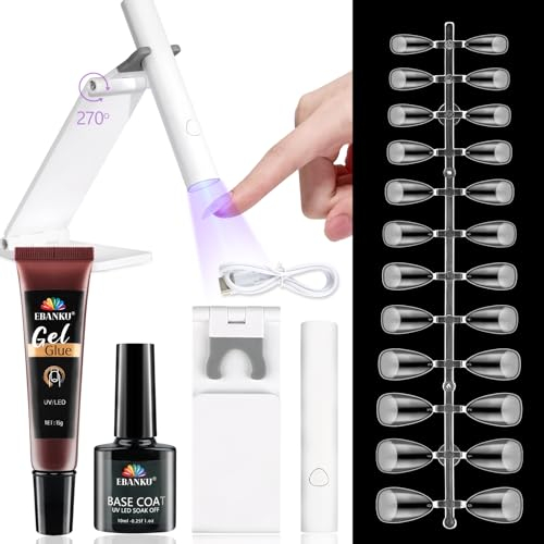 EBANKU Capsule Americaine Ongle Kit, 120P Short Amande Capsule Americaine Ongle Kit Avec Colle Faux Ongles Solide, Base Coat, Mini Lampe à Ongles UV, Gel Nail Extension Kit