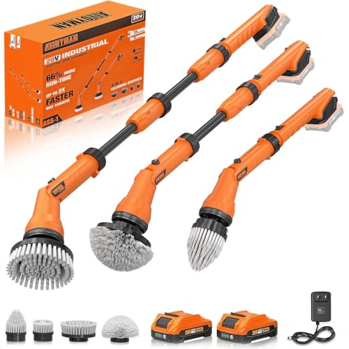 Limpiador giratorio eléctrico de 2 baterías, cepillo de limpieza inalámbrico de 1000 rpm, impermeable con alimentación de 20 V, mango de extensión ajustable, 4 cabezales de limpieza reemplazables,