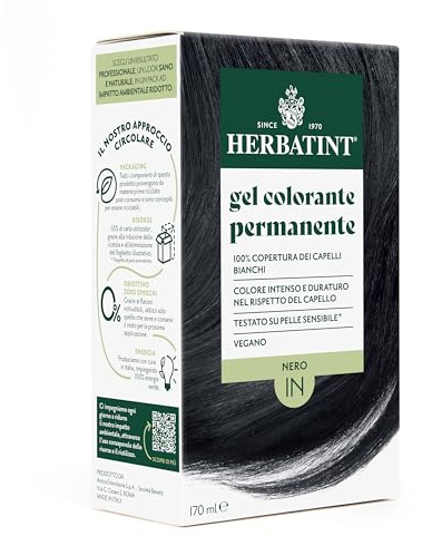 Herbatint Gel Colorante Permanente per Capelli 1N Nero - 170 ml | Senza Ammoniaca, 100% Copertura Capelli Bianchi | per Pelli Sensibili, con 8 Estratti Naturali Bio