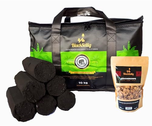 BlackSellig Briquetas de barbacoa de coco de playa XXL, carbón puro para barbacoa, respetuoso con el medio ambiente, sin humo, tiempo de combustión extralargo, barras de 10 kg XXL + chips de ahumado