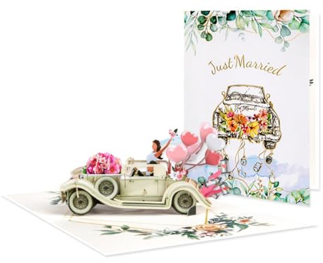 Auriselle Tarjeta de boda Tarjeta de boda 3D con coche Divertida emergente Regalo plegable San Valentín, bodas Para ocasiones románticas y momentos especiales