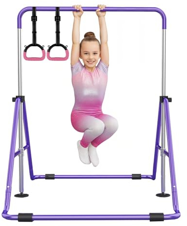 Gym Bar® Barre de Gymnastique Enfant Violette + Anneaux Gym Roses | Barre Fixe Réglable Pliable Antidérapante | Sangles Réglables | Gym, GRS, Traction, Suspension, Équilibre | Sport Enfants | AEROBIK