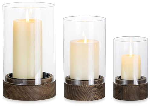 Hewory Portavelas de cristal para decoración de mesa al aire libre: juego de 3 cilindros de cristal vintage para velas con base de madera, tamaño grande, para decoración bohemia, rústica, salón