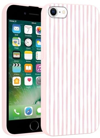 Yirlbey Fodral för iPhone 16E på 15,5 cm (6,1 tum), med estetiskt mönster, rosa och vita ränder, för tjejer, stötsäker, mjuk stötfångare i vit silikon, TPU, skydd för mobiltelefoner, ränder