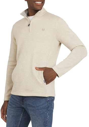 Chaps Men's Regular Fit Long Sleeve Midweight Quarter Zip Fleece Pullover Sweater, Oatmeal Heather, Medium