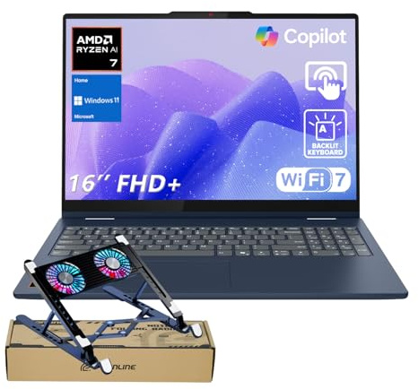 Lenovo IdeaPad 5 16 FHD+ 2-in-1 Touchscreen Laptop, AMD Ryzen AI 7 350, 16GB RAM, 1TB SSD, Wi-Fi 7, W11H, Lightweight Silent Convertible PC with Copilot AI, Blue, Bundle with PCO Laptop Cooler