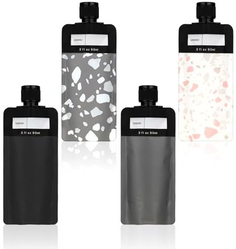 4 stycken reseflaskor-set, påfyllningsbar tom klämförpackning, 90 ml, läckagesäker reseflaska, set, resebehållare, lätt påfyllningsbar för flytande smink, schampo, balsam, duschgel
