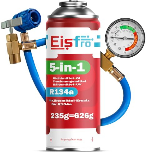 Eisfro 5-en-1 – Réfrigérant R134a + Tuyau 235 g pour Climatisation Auto avec Huile, Stop-Fuite, Traceur UV Et Déshydratant – Protège Le Compresseu